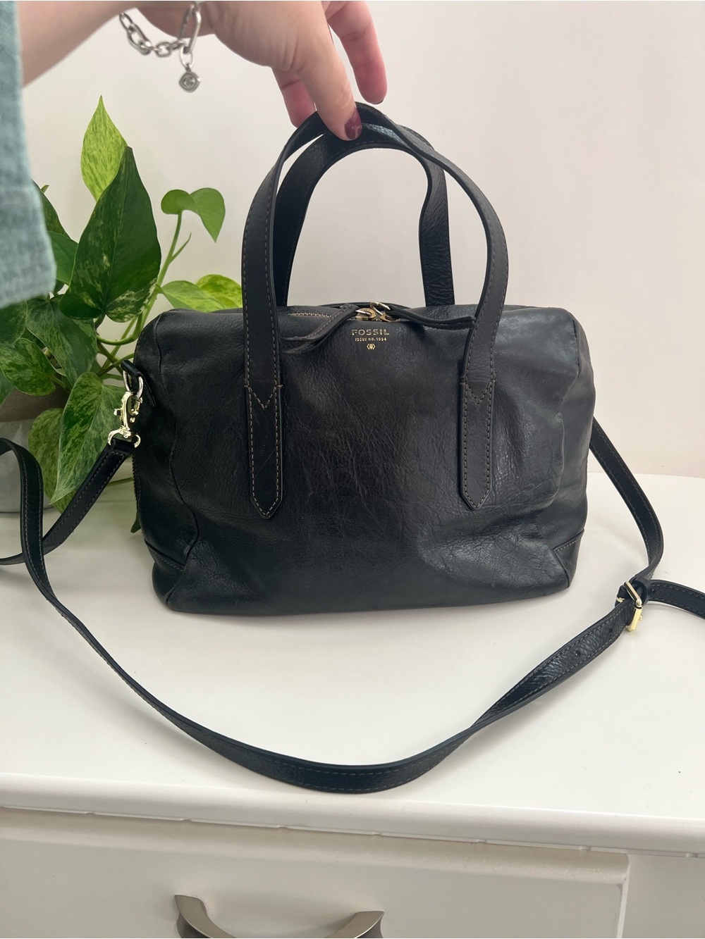 Fossil Sydney Satchel Purse in Pebbled Black Leather